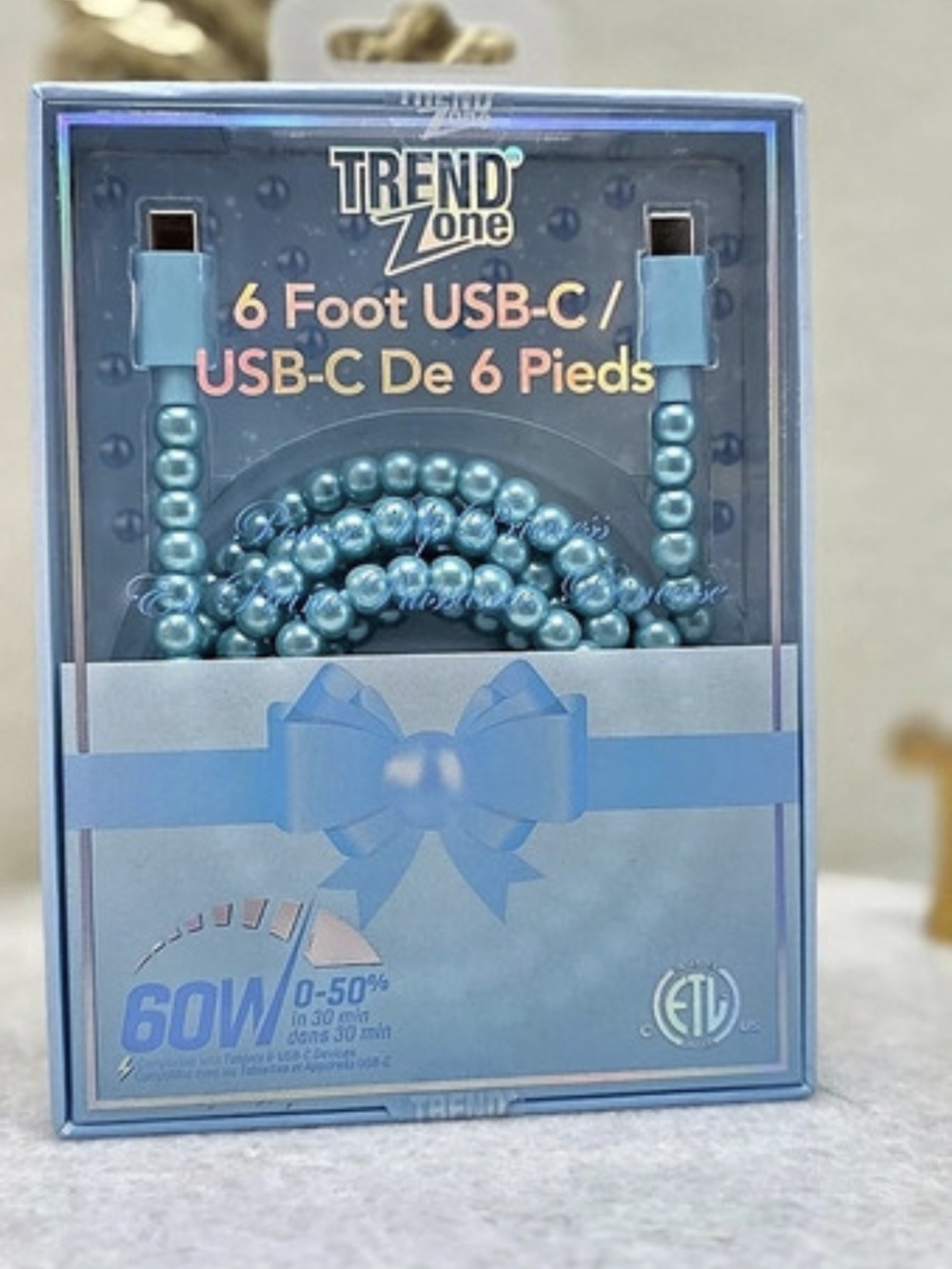 Trend Zone Power Up Princess Pearl Beaded USB-C Cable 6 Foot 60W New in Box